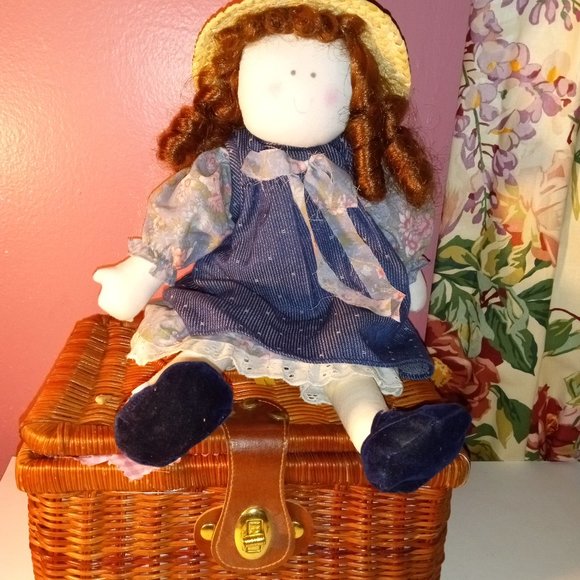 DELTON PRODUCT Toys Delton Products Brown Wicker Basket Tea Set With Vintage Doll For